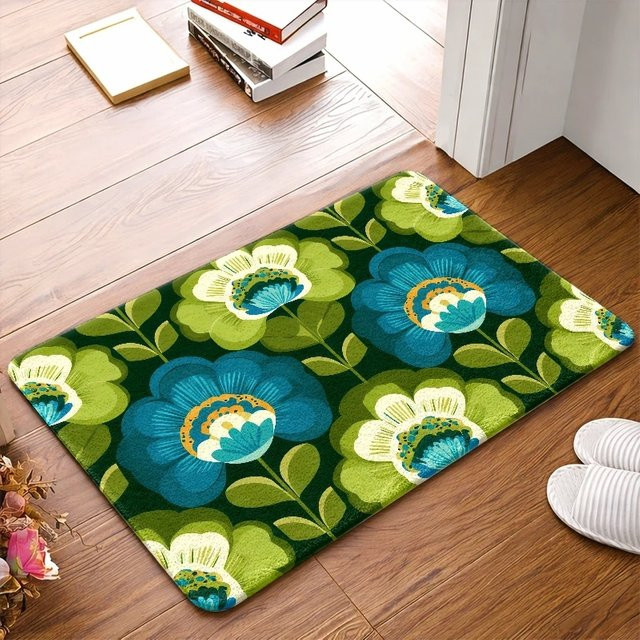 VIKAMA Boho Blumen-Teppich, rutschfester und waschbarer Vintage-Bodenteppich in Grün-Blau für Wohnzimmer und Schlafzimmer - Bild 1