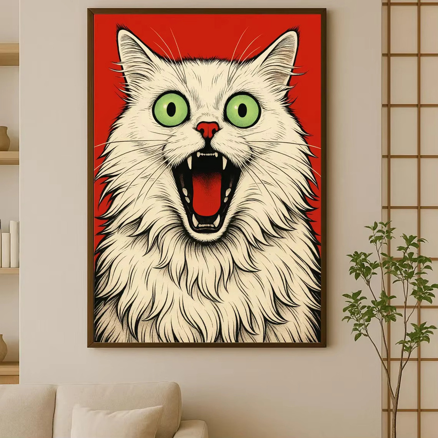 Pop-Art Kunstdruck von SHENCHEN mit schreiender weißer Katze auf rotem Hintergrund, rechteckige Wanddekoration im Boho-Stil aus Papier - Bild 4