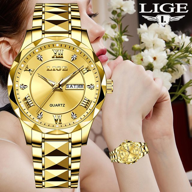 LIGE Armbanduhr Edelstahl, Quarz, Gold, Datum, Wochentag, Damen - Bild 1