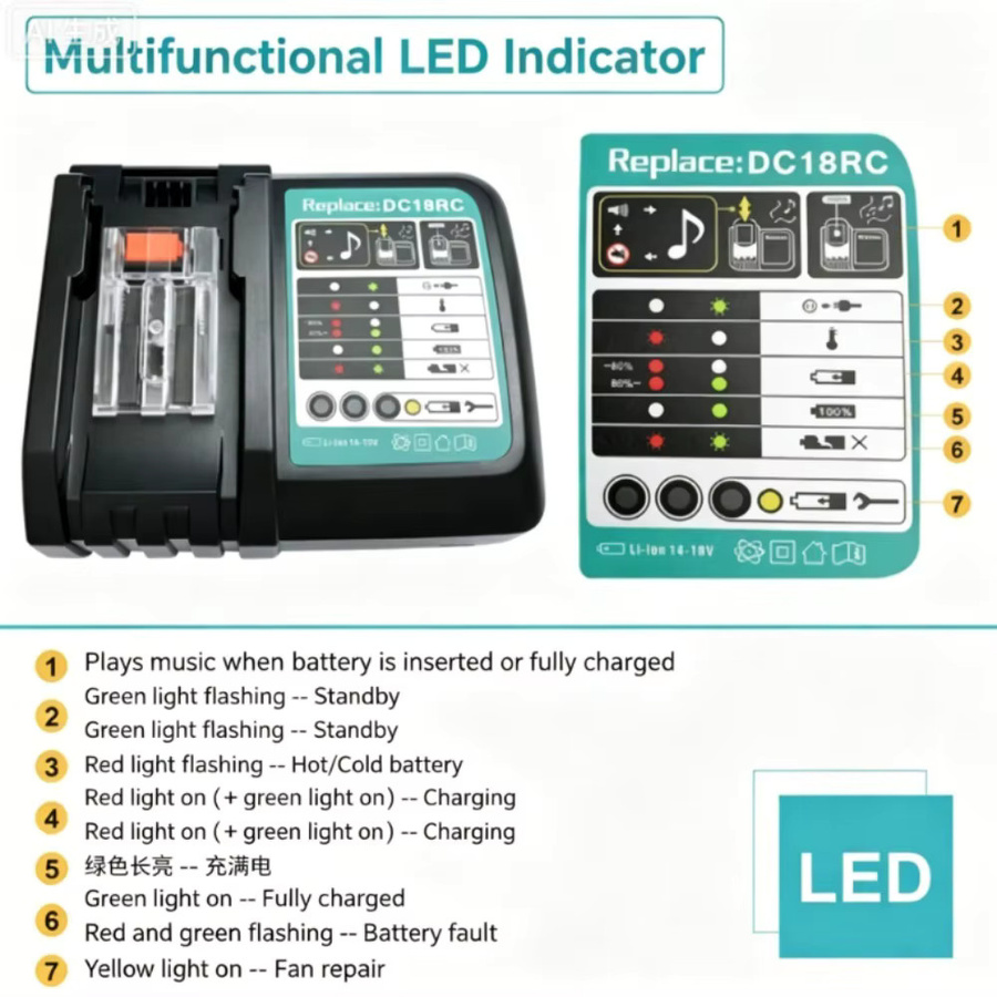 Makita Ersatzladegerät DC18RC in Schwarz für 14,4V-18V Lithium-Akkus der BL18-Serie - Bild 8