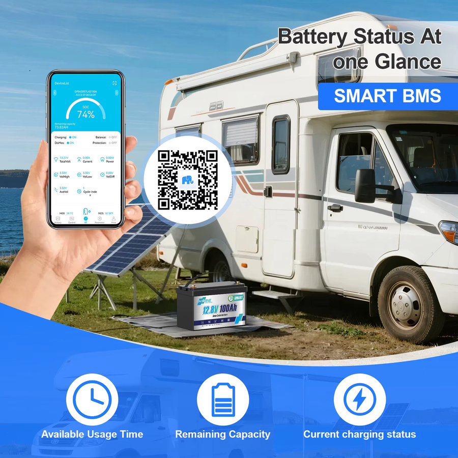 HRBEEnergy 12V 100Ah Smart Bluetooth LiFePO4 Batterie, 12,8V Lithium-Eisenphosphat-Batterie mit 100A BMS in Schwarz für Marine, Off-Grid, Trolling-Motor, Wohnmobil und Solar - Bild 3
