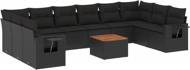 vidaXL 11-tlg. Garten-Sofagarnitur in U-Form aus Polyrattan und Akazienholz mit Kissen in Schwarz - Bild 1