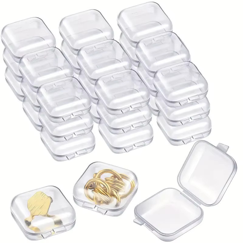 Transparente quadratische Aufbewahrungsbox aus Kunststoff mit faltbarem Deckel als Schmuck-Organizer und Pillenetui, B/T/H: 3,5 x 3,5 x 8,0 cm - Bild 5