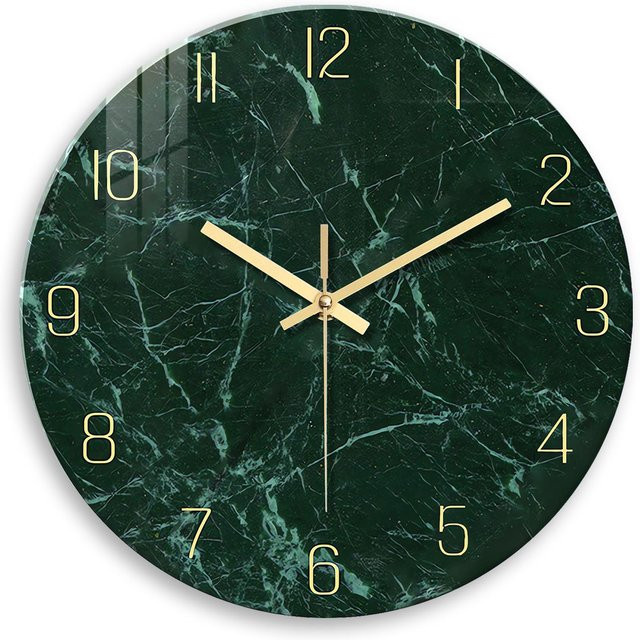 Runde Wanduhr aus gehärtetem Glas mit grünem Marmor-Muster und Quarzwerk von Linyi Toy, Durchmesser: 35,56 cm - Bild 1