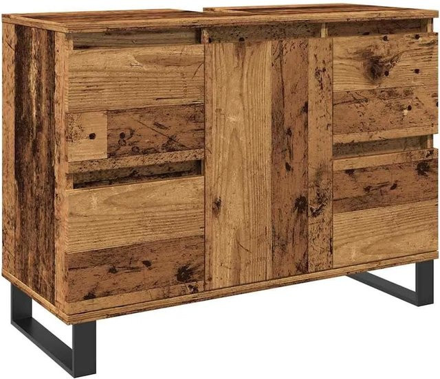 vidaXL Waschbeckenunterschrank in Altholz-Optik und Braun aus Holzwerkstoff und Eisen mit industrieller Note, B/T/H: 80 x 33 x 60 cm - Bild 1