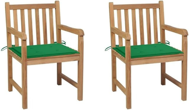 vidaXL Gartenstühle Set aus Teakholz mit grünen Kissen in Braun und Grün - Bild 1