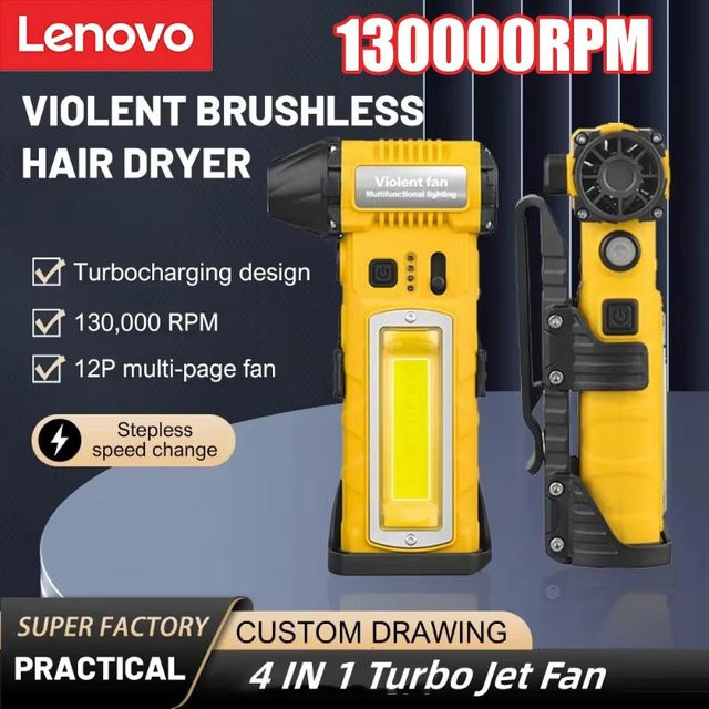 Lenovo 4-in-1 Hochleistungsventilator mit 4 Düsen und Seitenbeleuchtung, kabelloser Turbo-Jet-Luftbläser mit 8000mAh Akku für Camping, grün/gelb - Bild 1