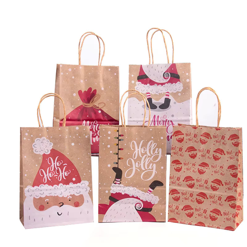 5 Stück Weihnachts-Geschenktüten aus Kraftpapier mit Griff von Joy-enlife in Braun und Mehrfarbig mit Weihnachtsmann, Elch und Schneeflocken Motiven - Bild 2