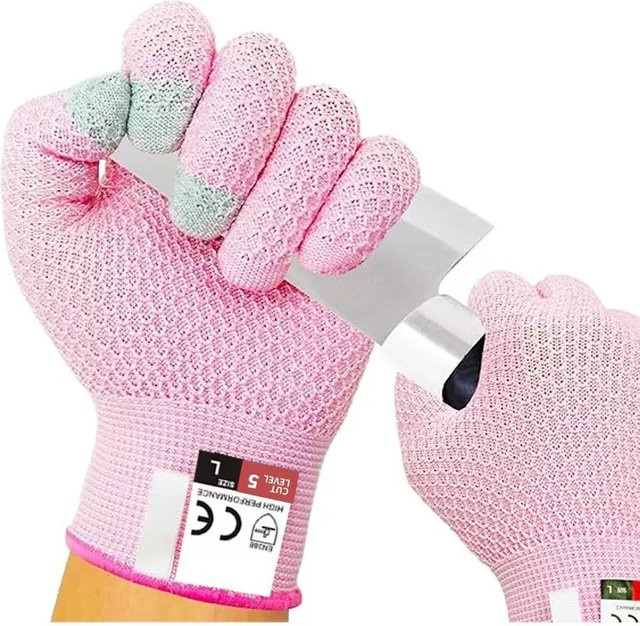 DEWBEST Schnittfeste Arbeitshandschuhe mit Ananas-Muster in Pink, Stufe 5 Schutz, Touchscreen-kompatibel und rutschfest, Größe XL - Bild 1