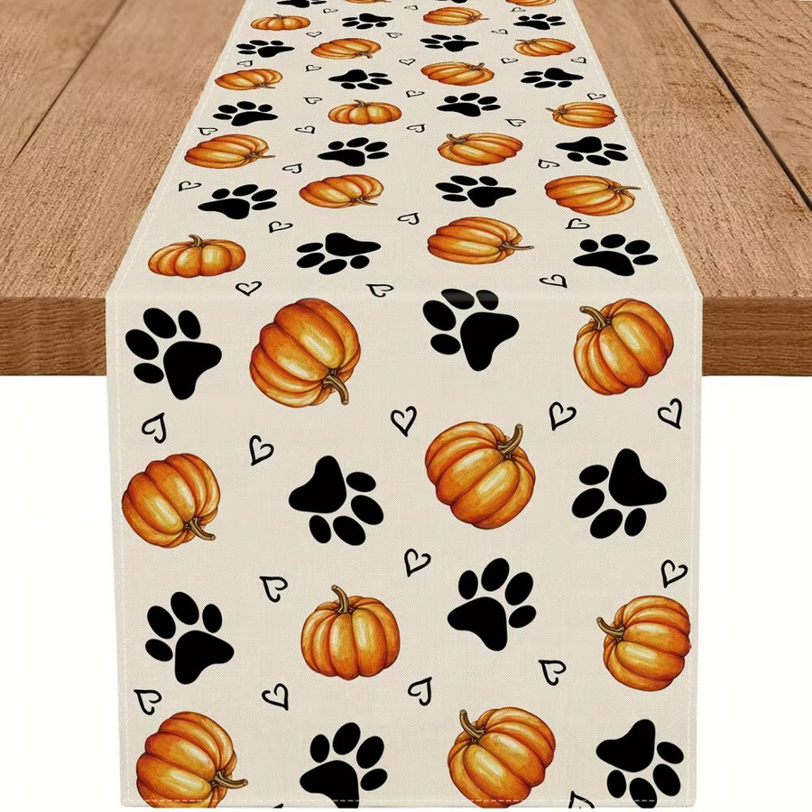 DOKRIY Herbst-Tischläufer aus Leinen in Weiß mit Kürbis- und Hundepfoten-Design, B/H: 45 x 150 cm - Bild 3