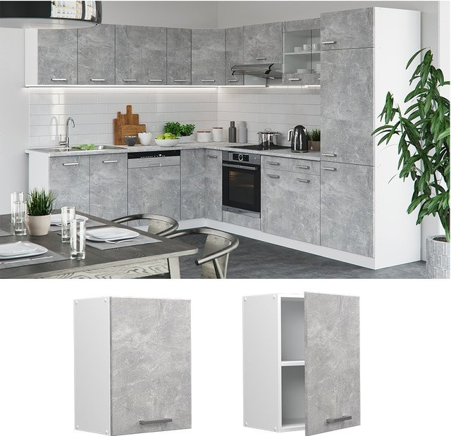 Vicco Hängeschrank R-Line Küchenschrank in Beton Weiß mit Türen und Fächern B: 45 cm, H: 60 cm, T: 31 cm - Bild 1