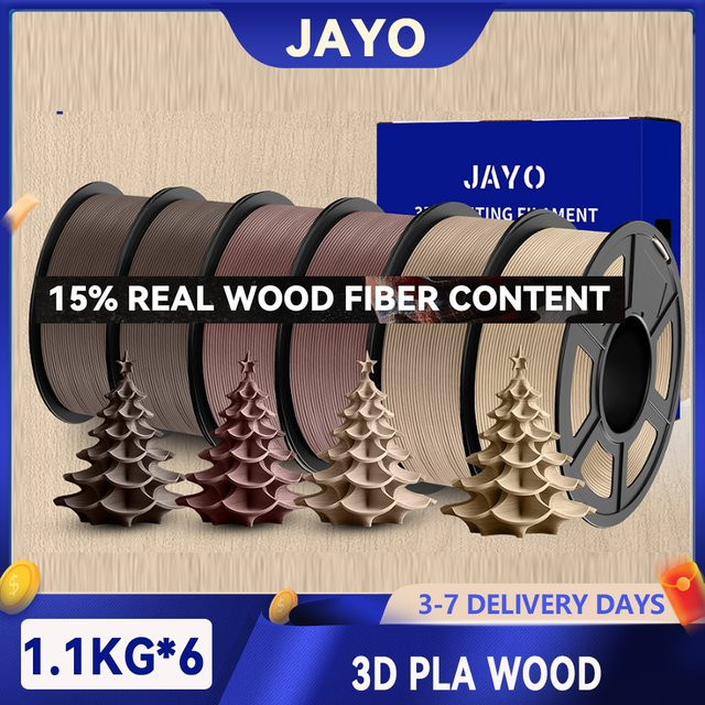 JAYO 3D-Drucker Filament Holz-PLA mit 15 % Holzfaser, 1,75 mm, Braun, 6 Rollen, passend für FDM-Drucker - Bild 1