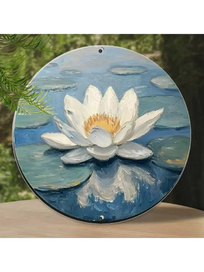 Potdemiel Vintage Wandkunst aus Metall mit floralem Lotusblumen-Design, rund, Grün und Blau - Bild 2