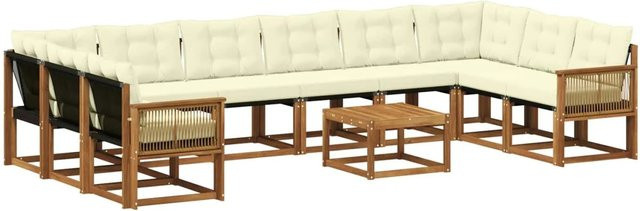 vidaXL Outdoor-Sofagarnitur L-Form aus Massivholz Akazie mit 11 Kissen in Natur und Creme - Bild 1