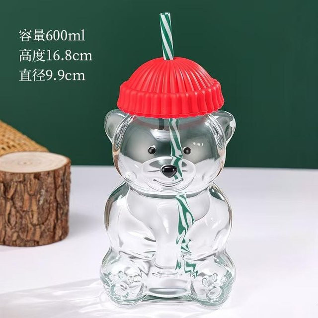 Yiran toy 1 Bärenform Glasbecher mit Strohhalm in Rot, Niedrige Cartoon Trinktasse für Saft und Tee, 501-600ml - Bild 1