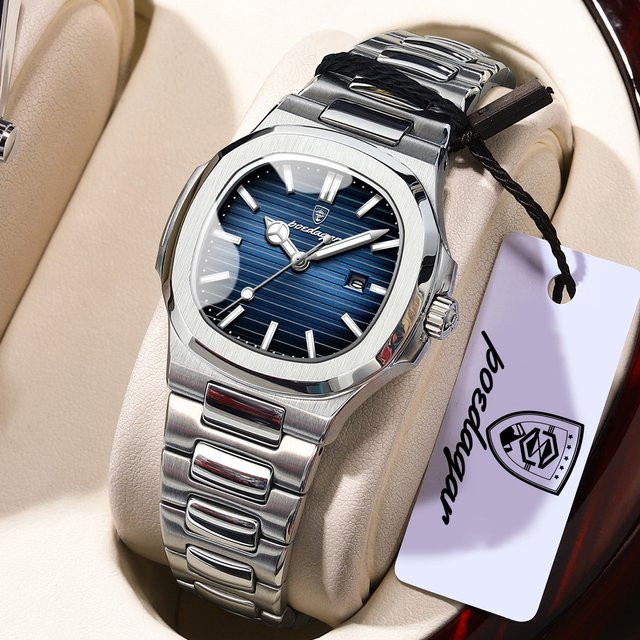 POEDAGAR Armbanduhr Edelstahl, Quarz, Tonneau, Blau, Silber, Damen - Bild 1