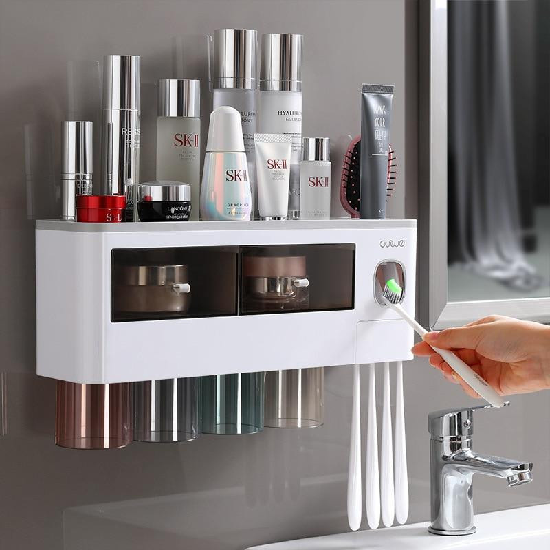 WIKHOSTAR Badezimmer Zubehör Set mit magnetischem Zahnbürstenhalter und automatischem Zahnpasta Spender in Schwarz und Grau - Bild 2