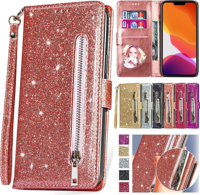 Glitzer Flip Wallet Ledertasche mit Reißverschluss für iPhone in Purple von aierkeba - Bild 1