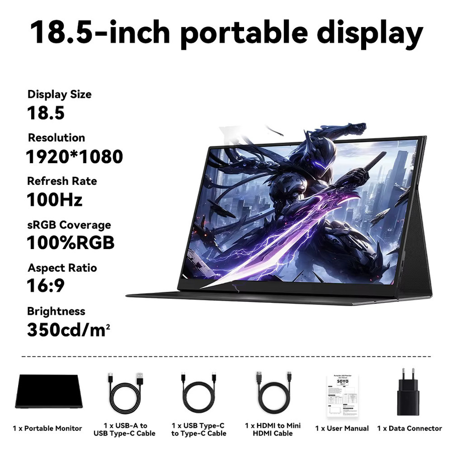 SOYO Tragbarer Monitor 18,5 Zoll Externer Bildschirm in Schwarz für Laptop, Gaming und Büro, Modell SY18FN100 - Bild 3
