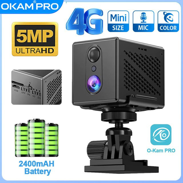 OKAM PRO 4G HD 5MP WLAN-Kamera Mini Kabellose Überwachungskamera mit 2400mAh Akku, PIR Menschenerkennung und Sicherheitsschutz in Schwarz - Bild 1