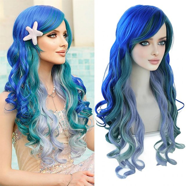 HAIRJOY Meerjungfrauen-Perücke, lang, gewellt, blau, grün - Bild 1