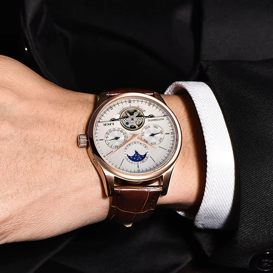 Lige Armbanduhr Automatik, Leder, Herren, Weiß, Roségold - Bild 5
