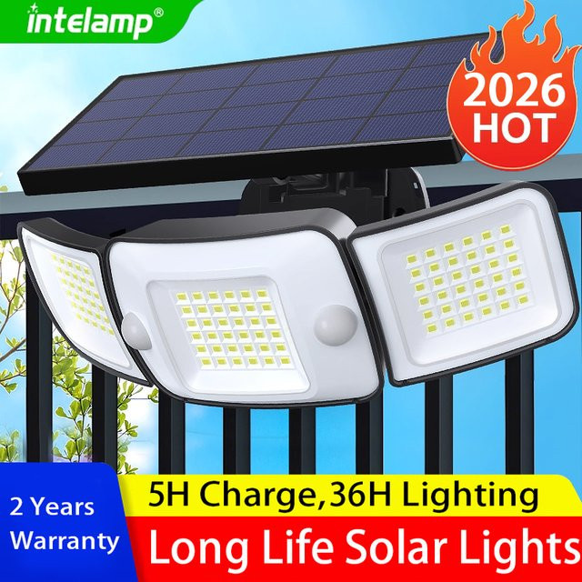 intelamp Solar-Flutlichter für den Außenbereich mit 6000 mAh Akku, Schwarz, mit Bewegungssensor und großem Solarpanel, wasserdicht für Garten, Hof und Garage - Bild 1