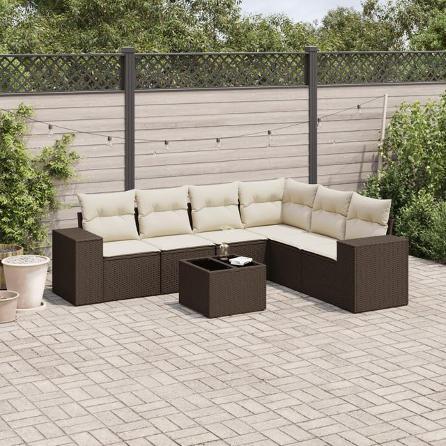 vidaXL 7-tlg. Garten-Sitzgruppe in L-Form aus Polyrattan mit Kissen und Glastisch in Braun - Bild 3