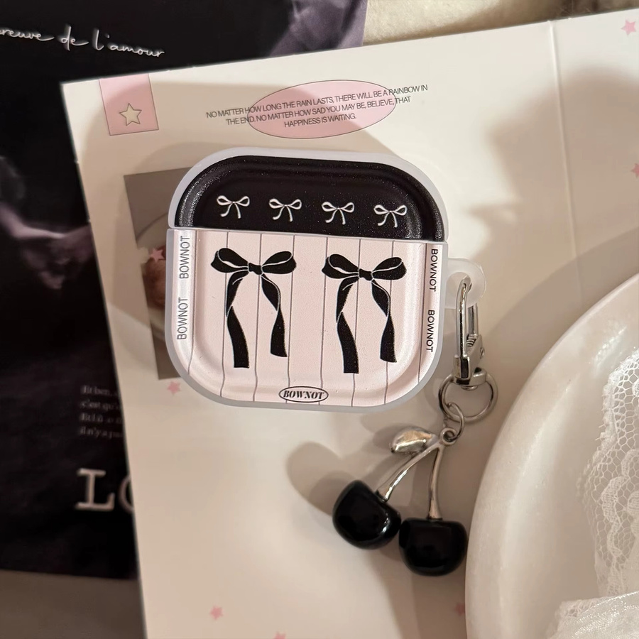 Koreanische gestreifte Kopfhörerhülle für Apple AirPods Pro und AirPods 1 2 3 4 mit schwarzem Kirsch-Anhänger, mehrfarbig - Bild 2