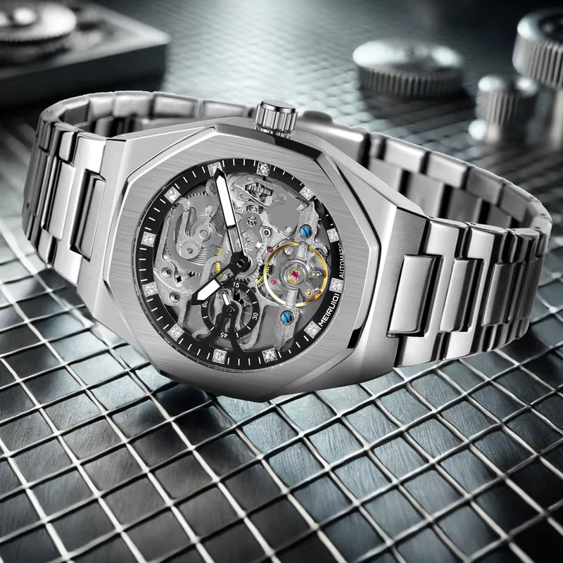MEIRUIQI Armbanduhr Edelstahl, Automatik, Schwarz, Silber, Herren - Bild 2