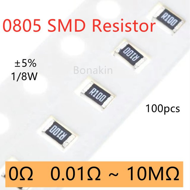 Bonakin SMD Widerstände 0805 5% in Schwarz, 100 Stück Set mit verschiedenen Werten von 0R bis 1M Ohm - Bild 1