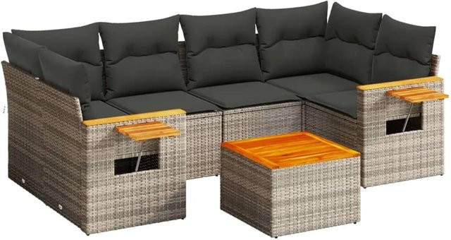 vidaXL 7-teilige Garten-Sofagarnitur aus Poly-Rattan und Akazienholz in Grau mit Kissen - Bild 1