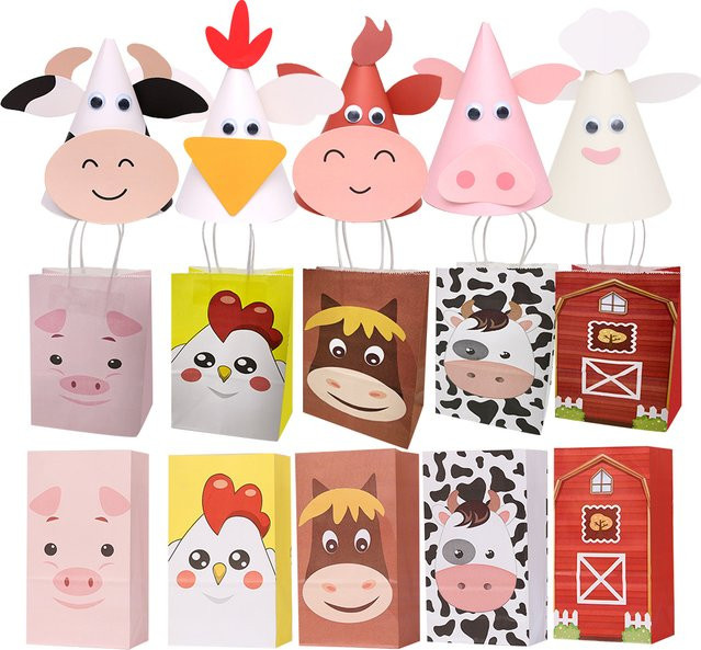 Set aus Papier-Geschenktaschen mit Bauernhof-Tier-Motiv für Kindergeburtstage und Partys - Bild 1