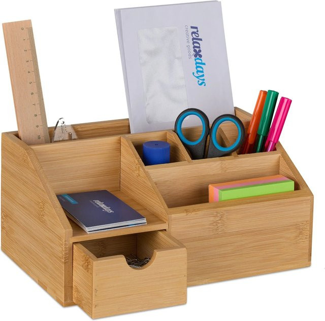 Relaxdays Schreibtisch Organizer aus Bambus in Natur mit Schublade, B/T/H: 24,5 x 11 x 15 cm - Bild 1