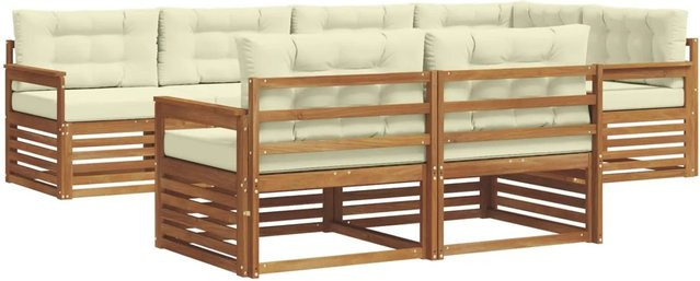 vidaXL Outdoor-Sofagarnitur 7-tlg. in L-Form aus Akazienholz mit Kissen, Farbe: Natur und Creme - Bild 1