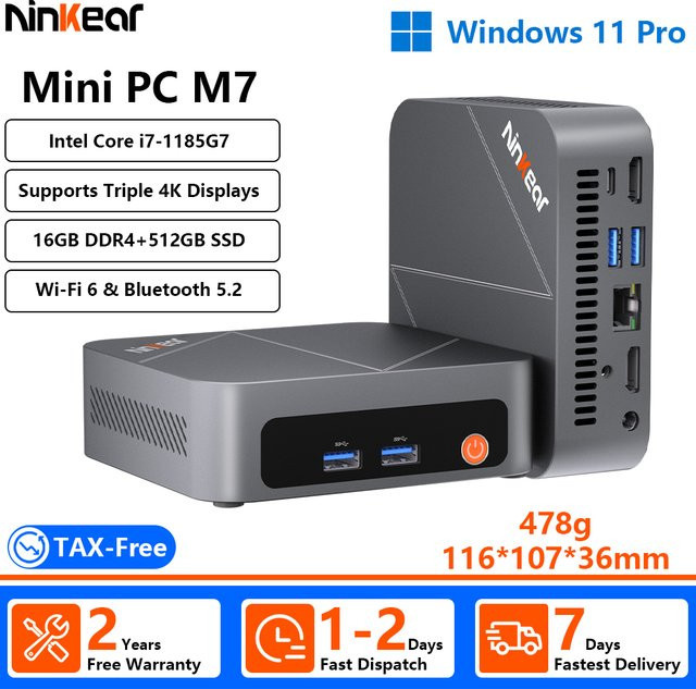 Ninkear M7 Mini-PC Intel i7-1185G7 mit 16GB DDR5, 512GB SSD, Windows 11, Dual 2.5G LAN, Wi-Fi 6 und Bluetooth 5.2 in Silber - Bild 1