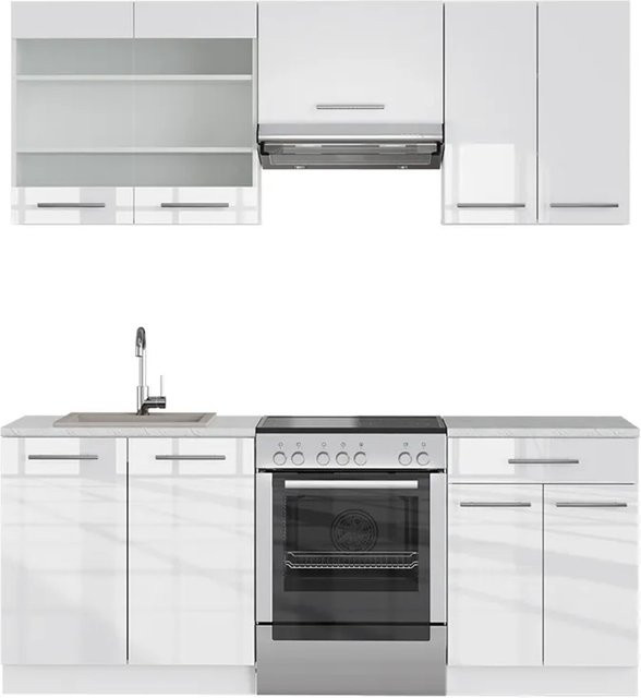 Vicco Fame-Line Küchenschrank in Weiß Hochglanz mit Marmor-Optik, Breite: 200 cm - Bild 1