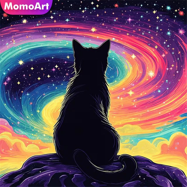 Momoart DIY Diamant-Gemälde Schwarze Katze im Sternenhimmel als Mosaik-Set mit runden Strasssteinen in Schwarz und Multicolour, B/T/H: 20 x 20 x 20 cm - Bild 1