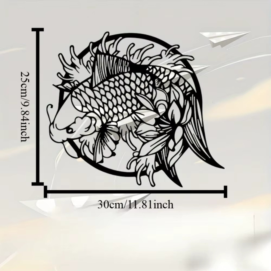 CIFBUY Metall-Wandkunst Koi-Fisch in Schwarz als 2D Lotus-Teich-Dekoration für Zen Feng Shui im Innen- und Außenbereich - Bild 3