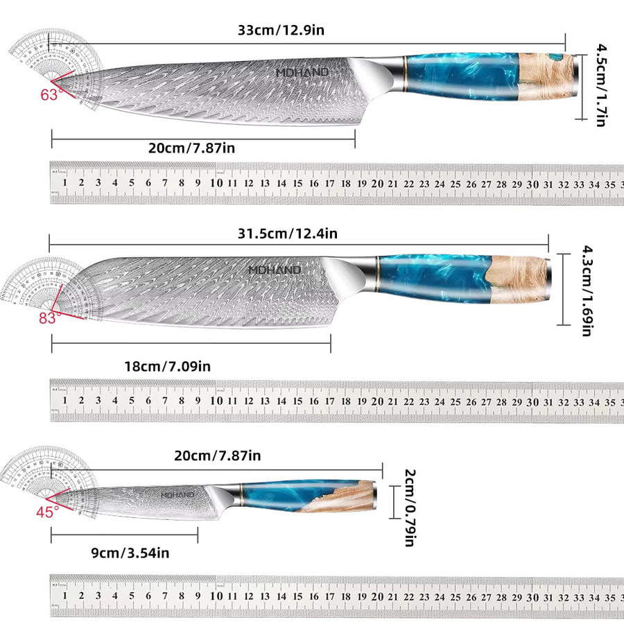 MDHAND 3-teiliges Küchenmesser-Set aus Edelstahl mit Kunstharzgriff in Blau inklusive Santoku-Messer und Obstmesser - Bild 6