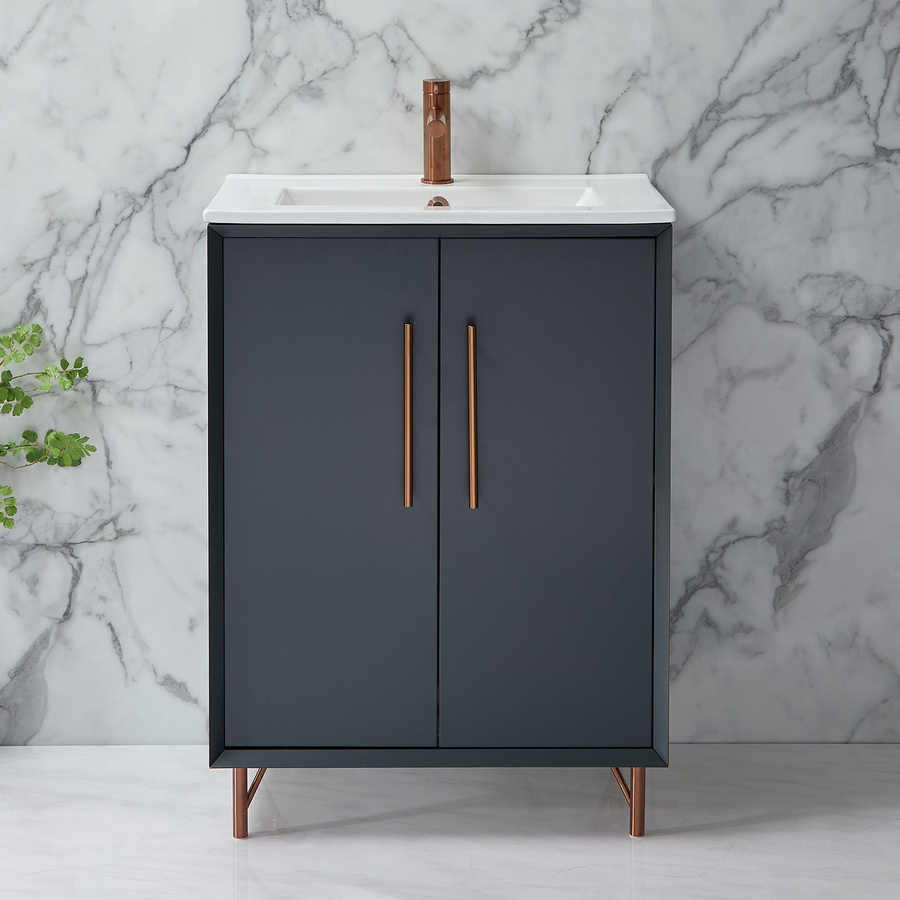 Waschtischunterschrank mit Waschbecken HudsonReed Edge in Anthrazit mit Kupfergriffen und Soft-Close-Türen, Breite: 61 cm - Bild 1
