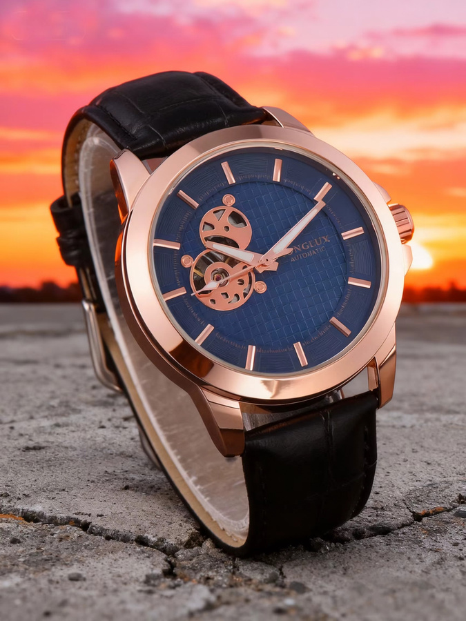 LONGLUX Automatikuhr, Skelett, Roségold, Messing, Leder, Herren - Bild 4