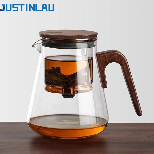JUSTINLAU Teekanne aus hitzebeständigem Glas mit Magnetschalter und Tee-Wasser-Separator, transparent, mit Holzgriff und Infuser, 500 ml / 800 ml - Bild 1