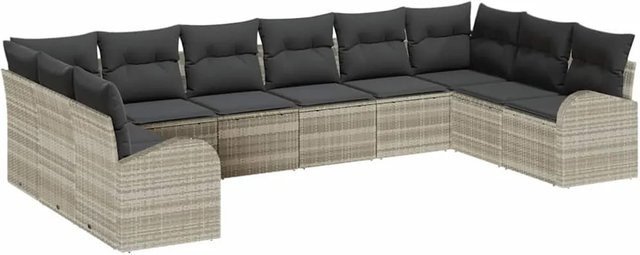 vidaXL Garten-Sofa-Set 10-teilig aus Polyrattan in Hellgrau mit Polsterkissen und L-Form für Terrasse und Garten - Bild 1