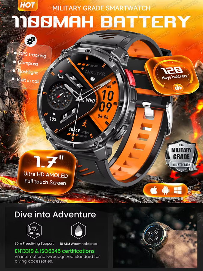 GUHUAVMI T-Rex3 Ultra Smartwatch mit GPS, Kompass und IP69K Wasserdichtigkeit in Schwarz - Bild 6