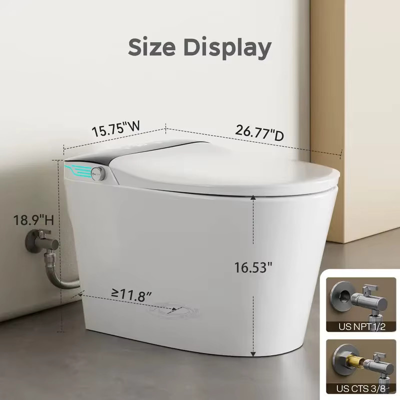 OUCEY Smart-Toilette mit integriertem Bidet und Schaumspender, einteilige Stand-Toilette mit sofortiger Warmwasserfunktion und doppelter automatischer Spülung, Keramik, Weiß oder Schwarz - Bild 5