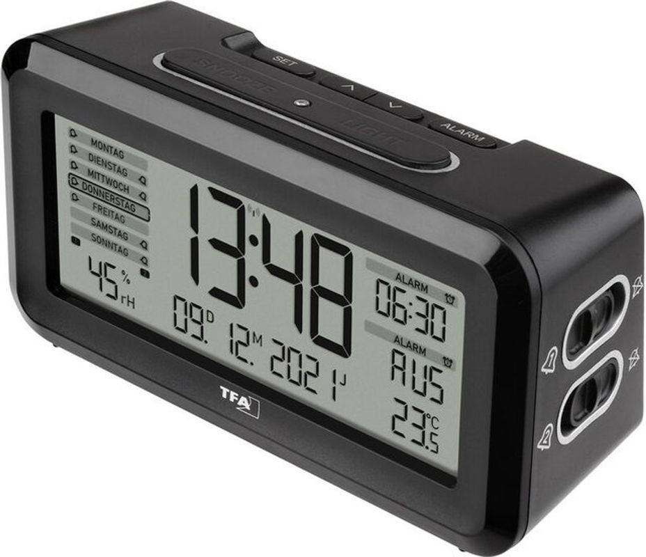 TFA Dostmann Digital Funk Wecker mit Thermometer und Hygrometer in Schwarz und Silber - Bild 1