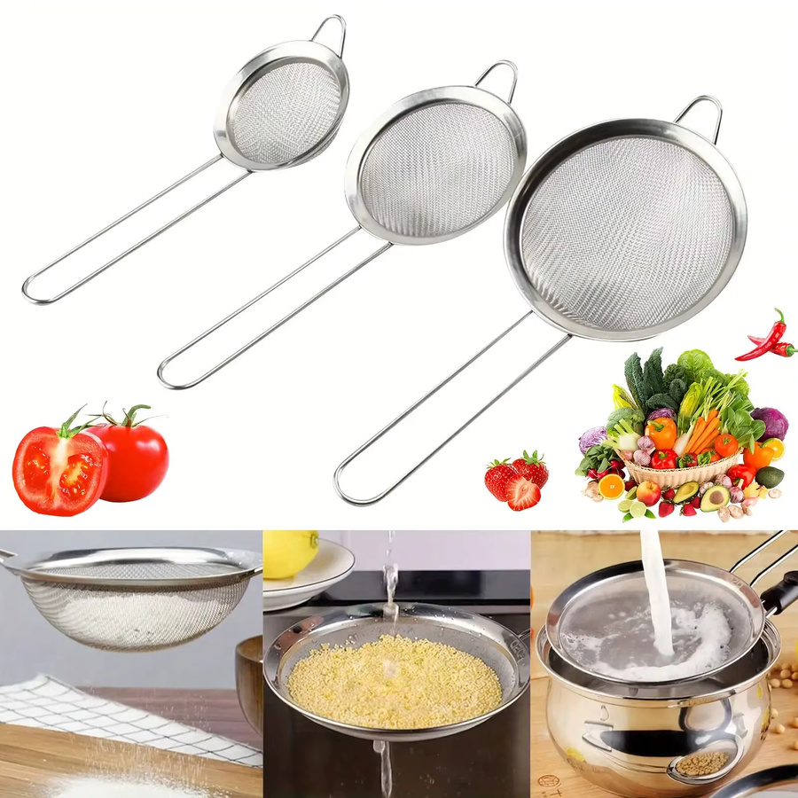3er-Pack feinmaschige Edelstahlsiebe in Silber mit Metallgriffen für Mehlsiebe und Ölfilter - Bild 5