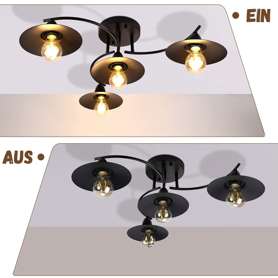 Cliheet Industrie-Deckenleuchte im Vintage-Design, Schwarz, 4-flammig, E27, Metall - Bild 5