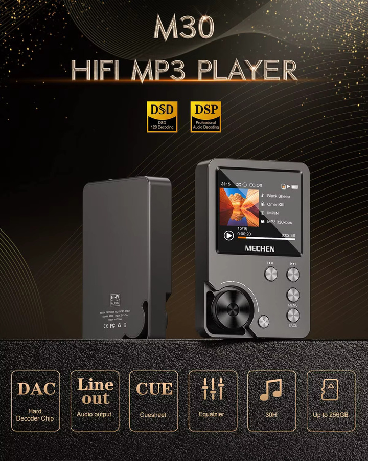 MECHEN MP3-Player Hi-Fi Digital-Audio-Musikplayer mit DSD High-Definition und 64GB Speicherkarte, erweiterbar bis 256GB, Gold oder Schwarz - Bild 2